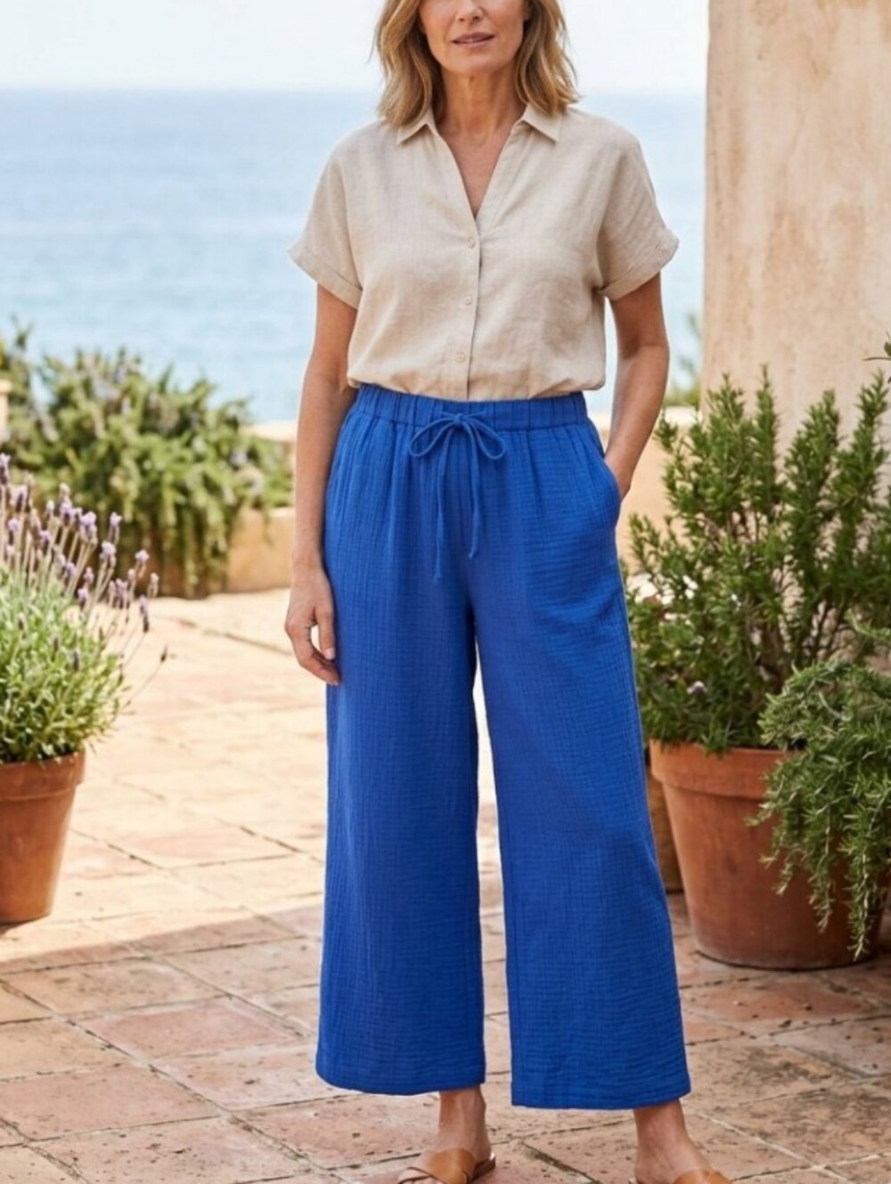 Double Zero Blue Wide-Leg Drawstring Pants Size L